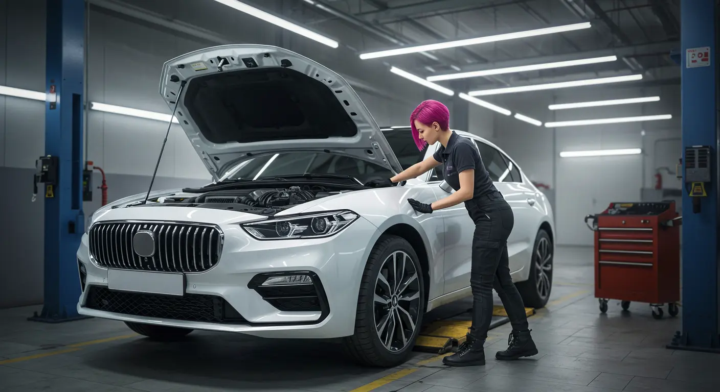 Vehicle inspection during a service at System X Car Care in Al Quoz, Dubai