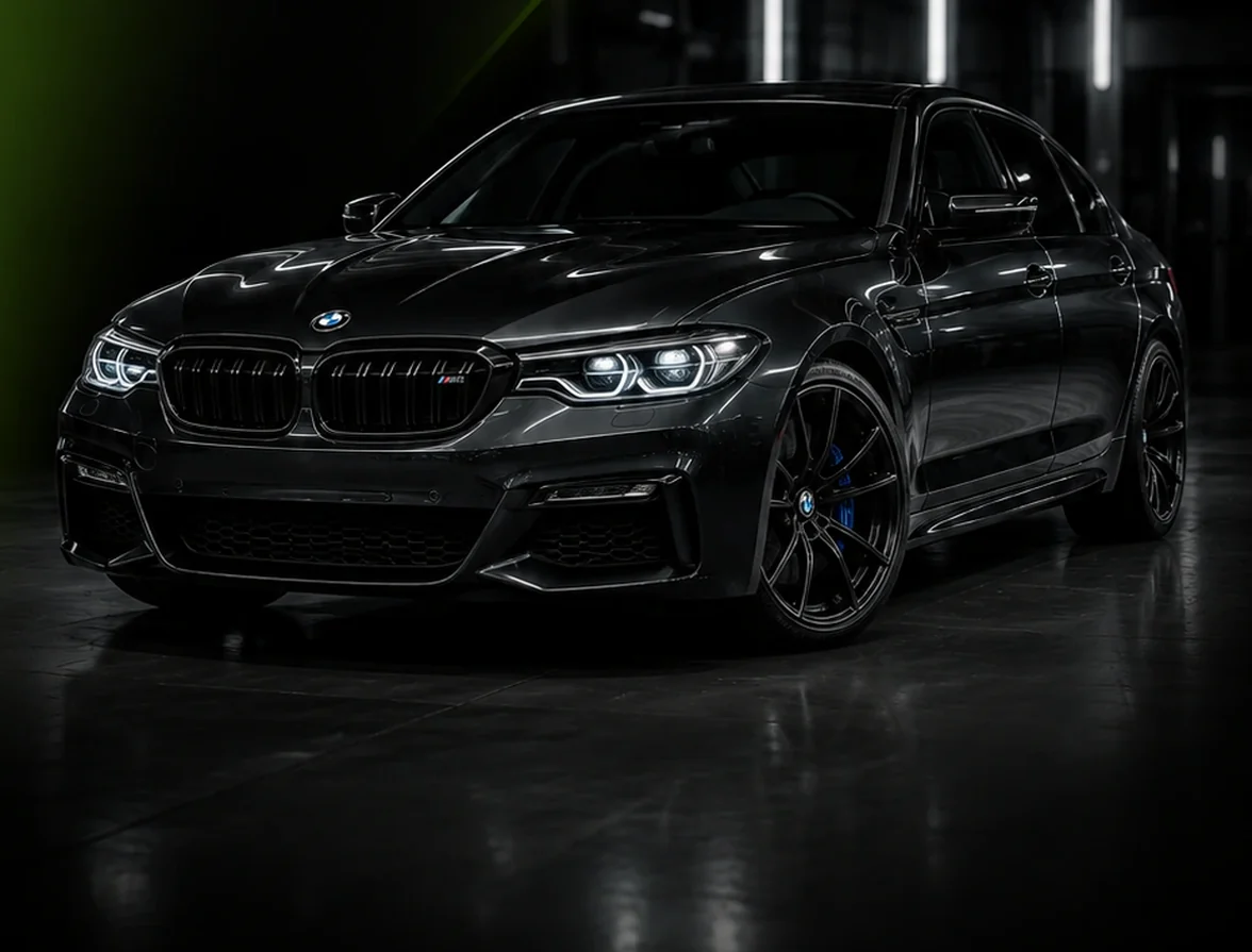 Black BMW M5 lit inside the System X Car Care workshop in Al Quoz, Dubai, Dubai