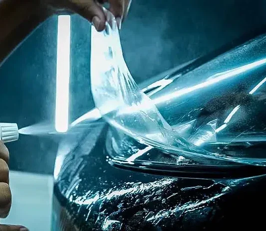 Paint protection film being applied to a bumper and headlight area at System X Car Polish in Dubai