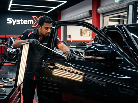 Technician using PDR tools on a car door at the System X Car Polish workshop in Dubai