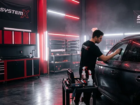 Specialist installing car window tint film at System X Car Polish in Dubai