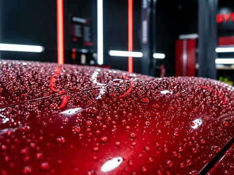Water beading on a freshly ceramic-coated car at the System X Car Polish workshop in Al Quoz, Dubai