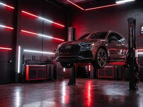 Vehicle on the lift for graphene coating at System X Car Polish in Dubai