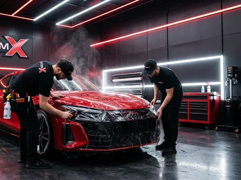 Technicians installing paint protection film on a car at System X Car Polish in Al Quoz, Dubai