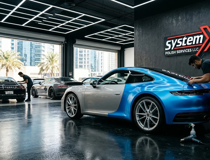 Technicians applying paint protection film to Porsche sports cars at the System X Car Polish workshop in Dubai