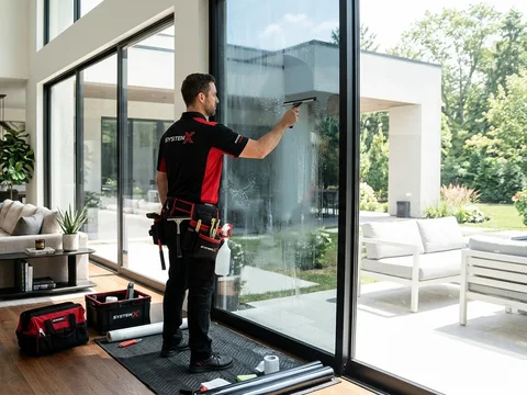 Technician installing residential window tint film in a Dubai home